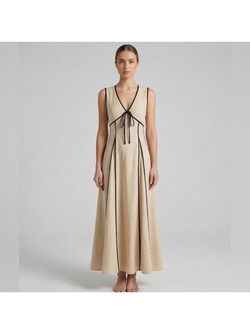 Contrast-Trimmed 100% Cotton Maxi Dress – Sand & Black